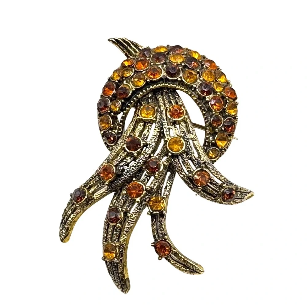 Vintage Gold Tone Amber Citrine Rhinestone Spray Brooch Pin Mid-Century‎ Style